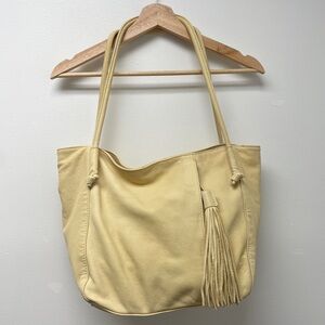 HOBO Endure Leather Tote Bag Purse in Pale Cream Buff Soft Leather, Tassel pull